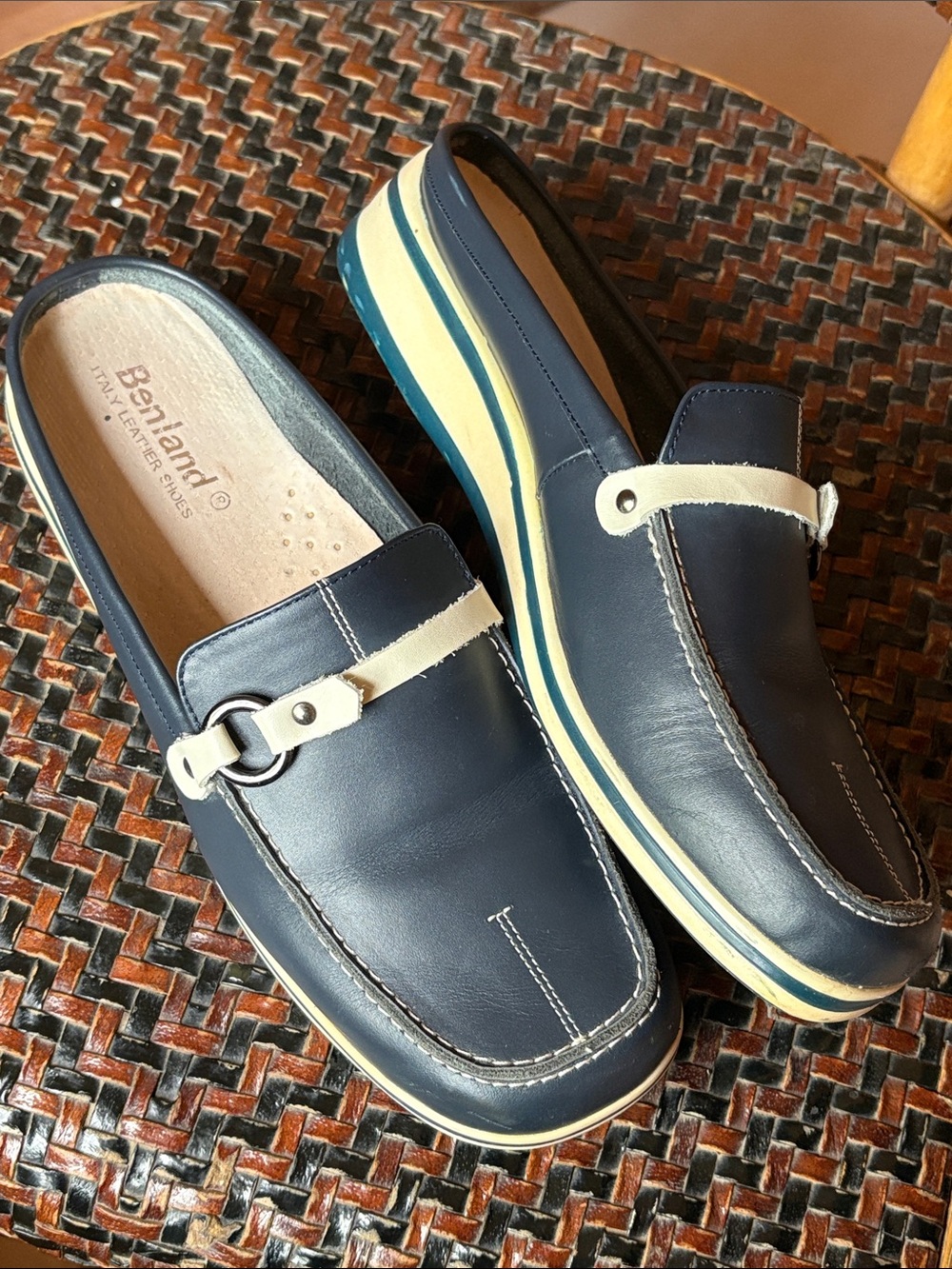 Benland Italian Leather Navy and Cream Slip-On Loafers Size 9